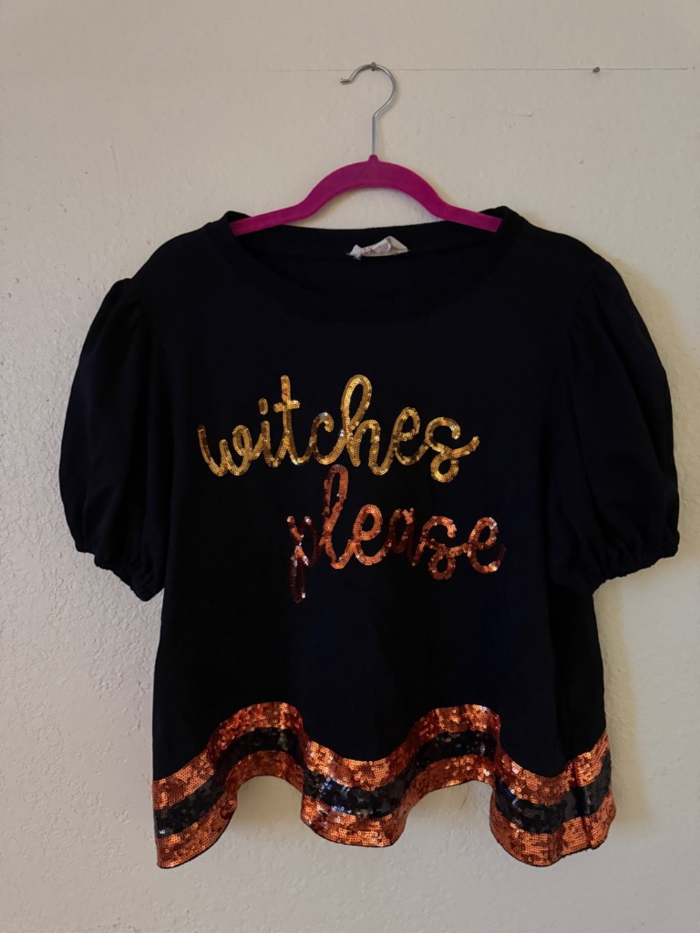 Peach Love California Brand Black 'witches please' Sequin Accent Top